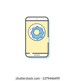 Smartphone icon in simple line style. Outline cell phone vector. Doughnut on the screen.