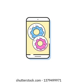 Smartphone icon in simple line style. Outline cell phone vector. Two doughnuts on the screen.