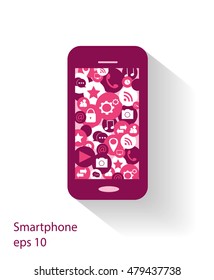 Smartphone icon with social media icons pink color flat design