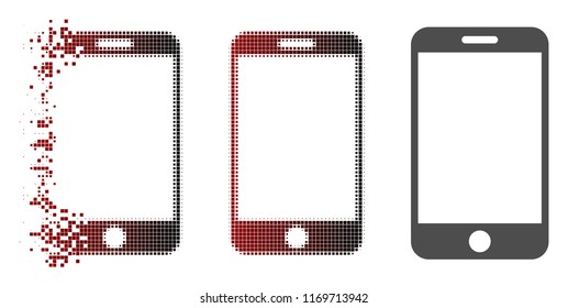 Smartphone icon in sparkle, pixelated halftone and undamaged solid variants. Fragments are arranged into vector dispersed smartphone icon.