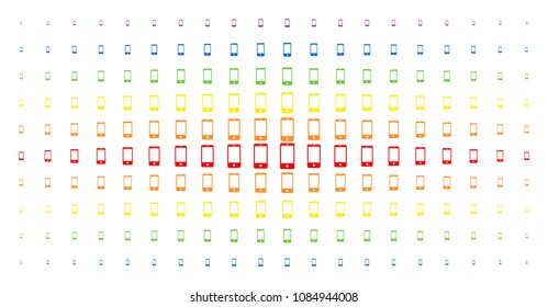 Smartphone icon spectrum halftone pattern. Vector smartphone items are arranged into halftone matrix with vertical rainbow colors gradient. Designed for backgrounds, covers,