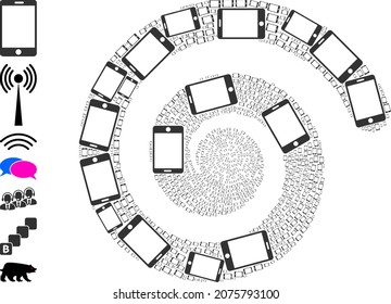 Smartphone icon spiral composition. Smartphone symbols are arranged into twirl vector illustration. Element spiral created from randomized smartphone icons. Some bonus icons are pictured.