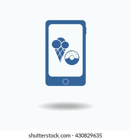smartphone icon with sweets on the screen. Online searching shopping,vector illustration. Flat icon, One of set web icons. eps 10.