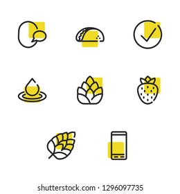 Smartphone icon with taco, strawberry and beer hop symbols. Set of plant, brew, fruit icons and talking concept. Editable vector elements for logo app UI design.