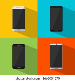 Smartphone-Icon-Vorlagensammlung von Handy oder Handphone in schwarz-weißer Farbe mit Schatten auf buntem Hintergrund. Symbol für Grafik und Webdesign im flachen Stil. Vektorillustration.