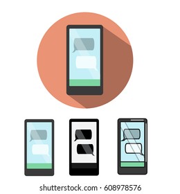 Smartphone icon with text messenger on screen. Phone with speech bubbles. flat, isolated design elements
