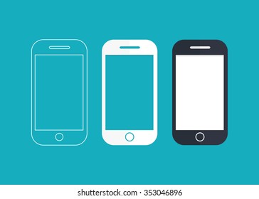 Smartphone icon in three different styles: outline, white and black versions. Mobile phone with button. Vector element