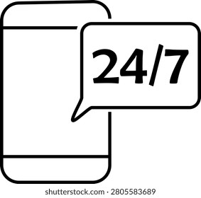 Smartphone icon with a twenty four seven support speech bubble symbol