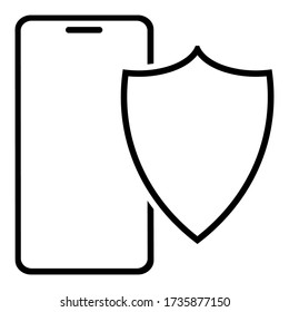 Smartphone icon under the shield. Protection against network threats, attacks and viruses. Vector on a white background