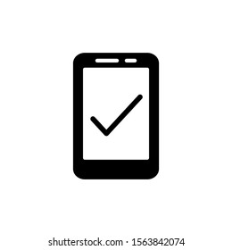 Smartphone icon vector icon in black flat design on white background, Cellphone, handphone icon with check sign, Smartphone icon and approved, confirm, done, tick, completed symbol