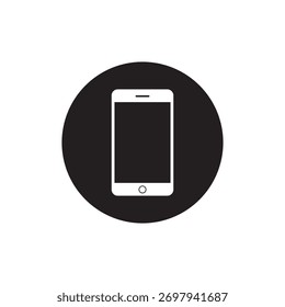 Smartphone icon vector, Round button mobile phone symbol, Black and white tech device illustration, Modern communication technology graphic.