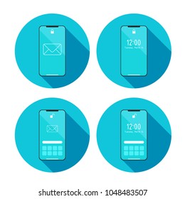 Smartphone icon whith blue screen in flat design style on blue circle background vector set illustration eps10