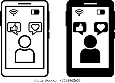 Ícones de Smartphone. Ilustração de vetor em preto e branco. Tela sensível ao toque, celular, dispositivo, tecnologia. Man in Phone, Like, Wi-Fi e bateria mostrando nível de carga. Conceito do dispositivo
