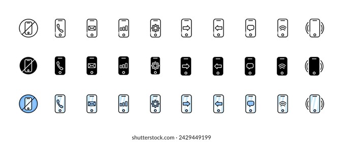 Smartphone icons collection. Smartphone indicator symbols. Linear, silhouette and flat style. Vector icons