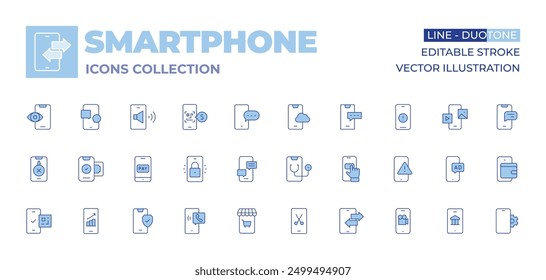 Colección de iconos de smartphone. Línea estilo Duotone, carrera editable. tienda móvil, móvil, smartphone, reparación, teléfono, pago, pago móvil, cerradura, médico, código QR, seguridad.