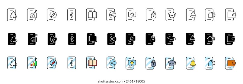 Smartphone icons collection. Phone icons. Linear, silhouette and flat style. Vector icons