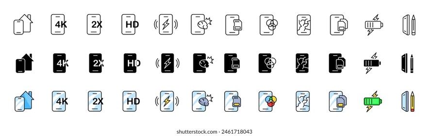 Smartphone icons collection. Phone icons. Linear, silhouette and flat style. Vector icons