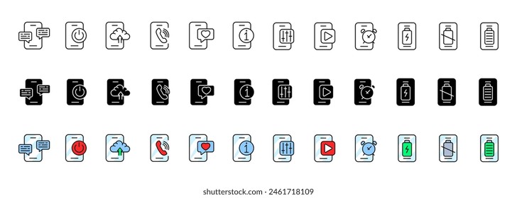Smartphone icons collection. Phone icons. Linear, silhouette and flat style. Vector icons