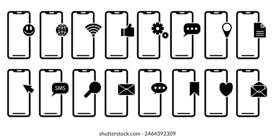 Iconos de smartphone con diferentes notificaciones en negro