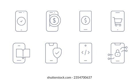 Iconos de Smartphone. Trazo editable. Contienen smartphone, banca móvil, teléfono móvil, lectura, seguridad, desarrollo, bloqueo.