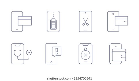 Smartphone icons. Editable stroke. Containing mobile payment, battery level, smartphone, doctor, phone, repair, digital wallet.