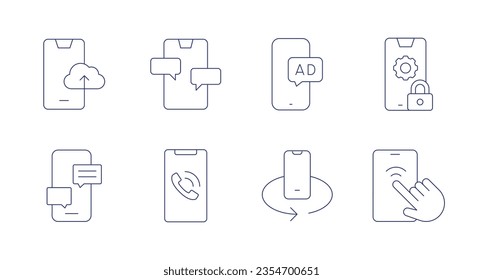 Smartphone icons. Editable stroke. Containing uploading, chat, online marketing, web maintenance, smartphone, phone call, mobile rotation.
