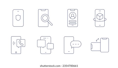 Iconos de Smartphone. Trazo editable. Conteniendo el escudo, navegación, inicio de sesión, smartphone, teléfono, chat, respuesta.