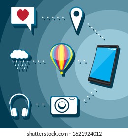 Smartphone icons geolocation message weather balloon camera headphones on isolated background. Vector image esp 10
