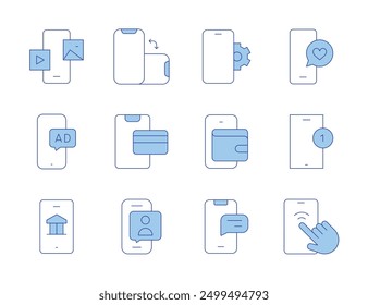 Smartphone icons. Line Duotone style, editable stroke. smartphone, online marketing, credit card, digital wallet, orientation, online banking, content marketing, chat, love message, videocall.