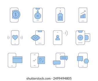 Smartphone icons. Line Duotone style, editable stroke. smartphone, chat, preview, mobile, phone, repair, message, battery level, mobile payment, qr code.
