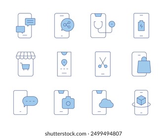 Smartphone icons. Line Duotone style, editable stroke. mobile store, smartphone, online shop, phone, camera, uploading, doctor, tracking, chat.