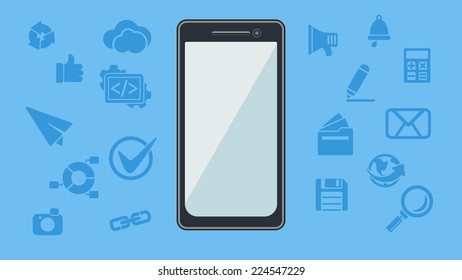 Smartphone with icons. Mobile apps concept. Vector in flat design.