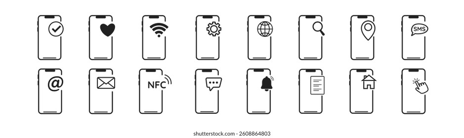 Smartphone icons, mobile phone mockup. Smartphone flat vector icon for apps and websites. Modern black vector illustration of mobile gadget in flat style
