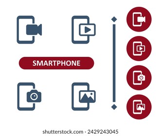 Iconos de smartphone. Teléfono Móvil, Teléfono, Cámara, Foto, Imagen, Video, Icono De Película. Profesional, icono de vector perfecto de 32x32 píxeles.