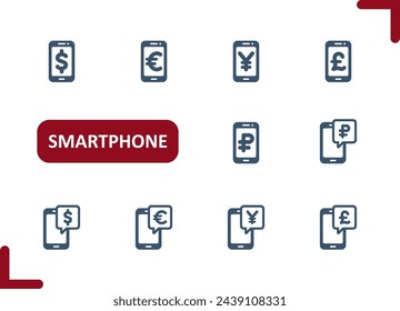 Smartphone Icons. Mobile Phone, Telephone, Money, Online Banking, Dollar, Euro, Yen, Pound, Ruble Icon. Professional, pixel perfect vector icon set.