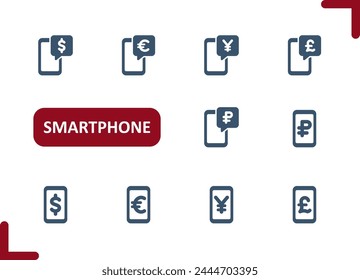 Smartphone-Symbole. Handy, Telefon, Geld, Online-Banking, Dollar, Euro, Yen, Pfund, Rubel-Symbol. Professioneller Symbolsatz für perfekte Vektorgrafik.