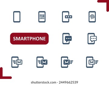 Smartphone-Symbole. Mobiltelefon, Telefon, Telefonanruf, SMS, SMS, Sicherheitssymbol. Professioneller Symbolsatz für perfekte Vektorgrafik.