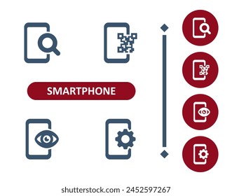 Smartphone-Symbole. Mobiltelefon, Telefon, Auge, Spyware, QR-Code, Lupe, Lupe, Rädchen, Zahnrad-Symbol. Professionelles Symbol für perfekte Vektorgrafik mit 32 x 32 Pixeln.