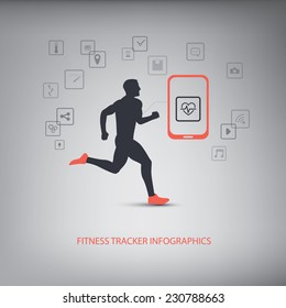 Smartphone icons for monitoring health and fitness with man running silhouette. Eps10 vector illustration