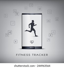 Smartphone icons for monitoring health and fitness with a running or jogging silhouette. Eps10 vector illustration.