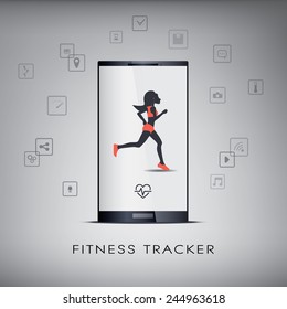 Smartphone icons for monitoring health and fitness with a running or jogging silhouette. Eps10 vector illustration.