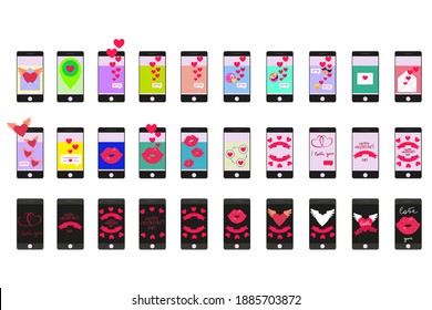 Smartphone icons on the theme of Valentine's Day. Love message, congratulations on Valentine's Day