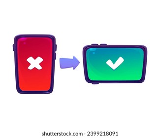 Smartphone icons with red and green screens isolated on white background. Vector cartoon illustration of modern phone turned vertical and horizontal, cross and tick signs, use of mobile application