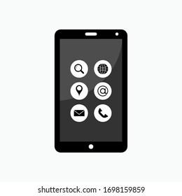 Smartphone Icons With Screen Features Like Search, Web, Message, Location, Email And Phone.