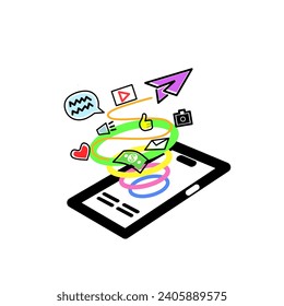 Smartphone icons send and share photos, chat, likes, money, mail, voice, video