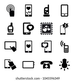 Smartphone icons. set of 16 editable filled smartphone icons such as baby monitor phone, finger on tablet, heartbeat on phone, touchscreen, camera bulb, important message