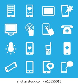 Smartphone icons set. set of 16 smartphone filled icons such as heartbeat on phone, heart mobile, phone with heart, touchscreen, tablet, display, camera bulb
