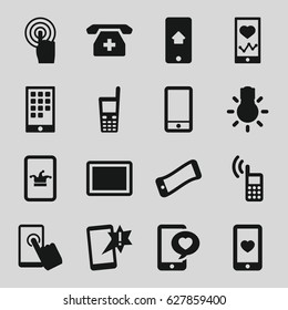 Smartphone icons set. set of 16 smartphone filled icons such as Poker on phone, heartbeat on phone, heart mobile, touchscreen, tablet, camera bulb