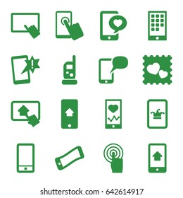 Smartphone icons set. set of 16 smartphone filled icons such as baby monitor phone, poker on phone, finger on tablet, photo with heart, touchscreen