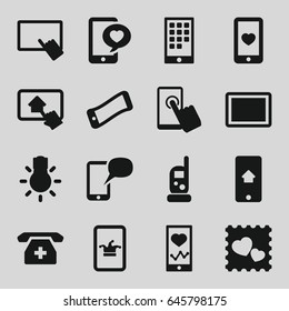 Smartphone icons set. set of 16 smartphone filled icons such as baby monitor phone, poker on phone, finger on tablet, heart mobile, photo with heart, tablet, camera bulb